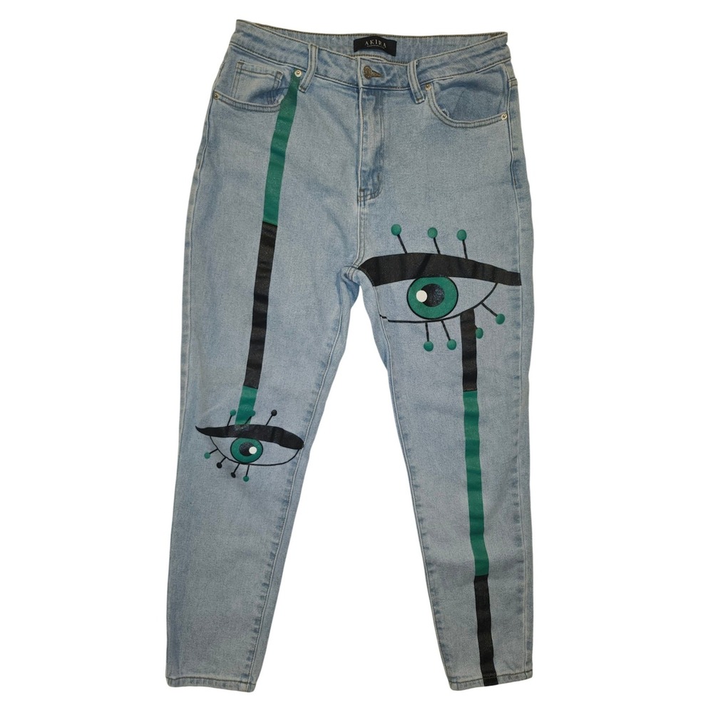 Akira Women Light Wash Graphic Eye High Waisted Jeans Blue Green Size 11 W29